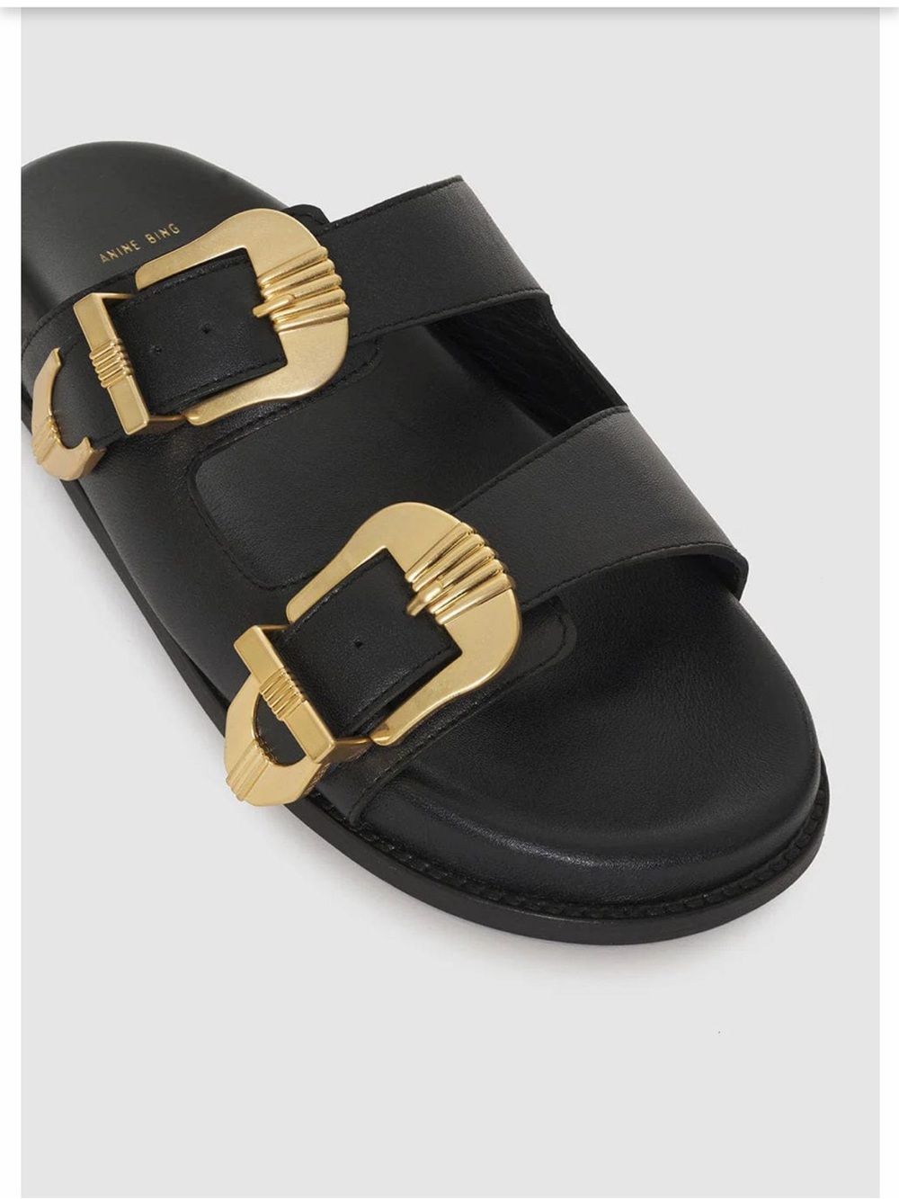 Anine Bing Black Leather Slide Sandals with Gold Buckles - Picture 6 of 16